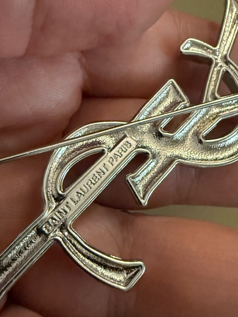 Brand new Saint Laurent brooch YSL Interlocking Logo Silver tone no box - Picture 7 of 8